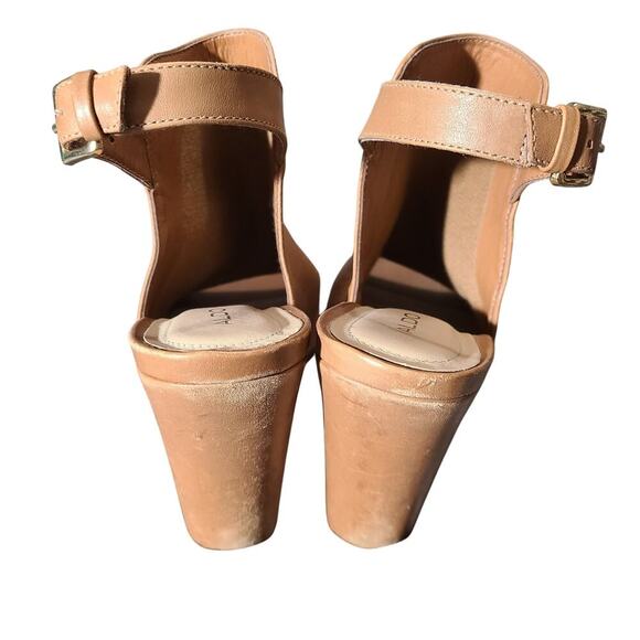 Women 8.5 ALDO Camel Leather Chunky Heel Peep Toe Slingback Bootie Heels Shoes‎ - Picture 4 of 8